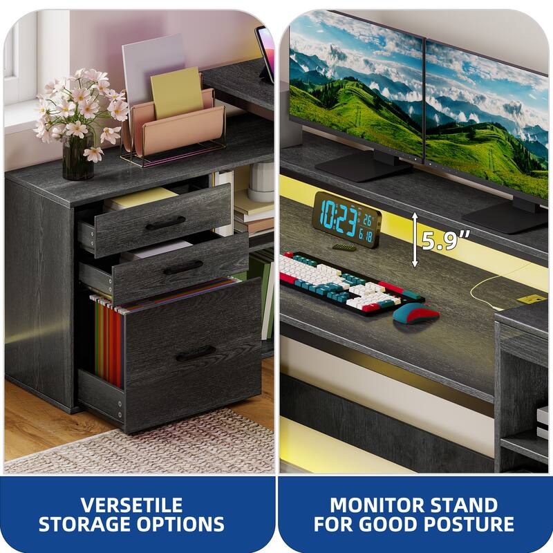 Moasis Farmhouse L Shaped Desk with Drawers, Power Outlets & LED Lights