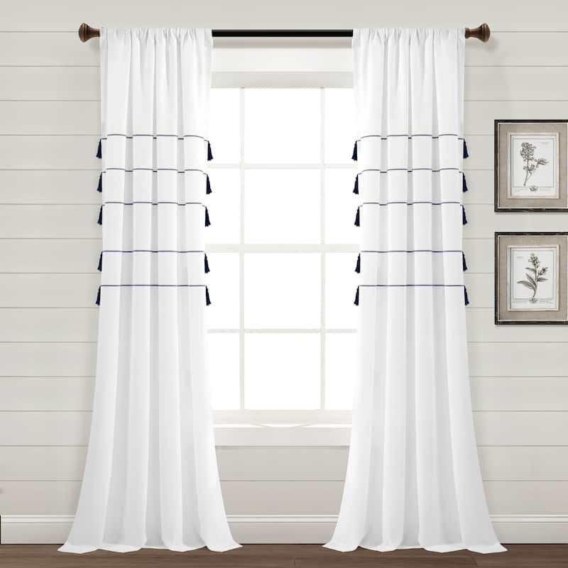 Lush Decor Farmhouse Boho Stripe Woven Tassel Yarn Dyed Cotton Window Curtain Panel Pair - 84 Inches - White & Navy