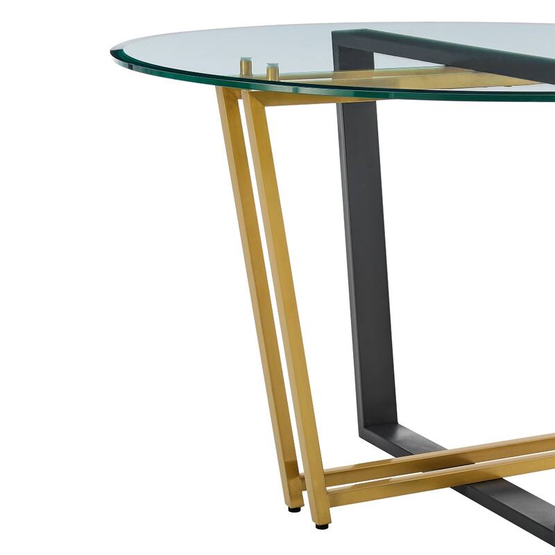 Sanaya Dining Table, 48 Inch Glass Top, Gold Steel, Black Iron - Gold, Black, Clear