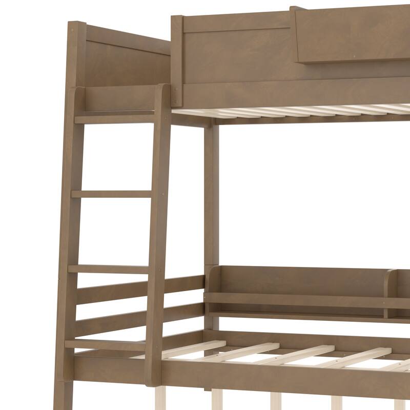Full Bunk Bed With Storage Shelf and Bookshelf,Wood Bunk Bed with Ladder and Guardrails,Detachable Design