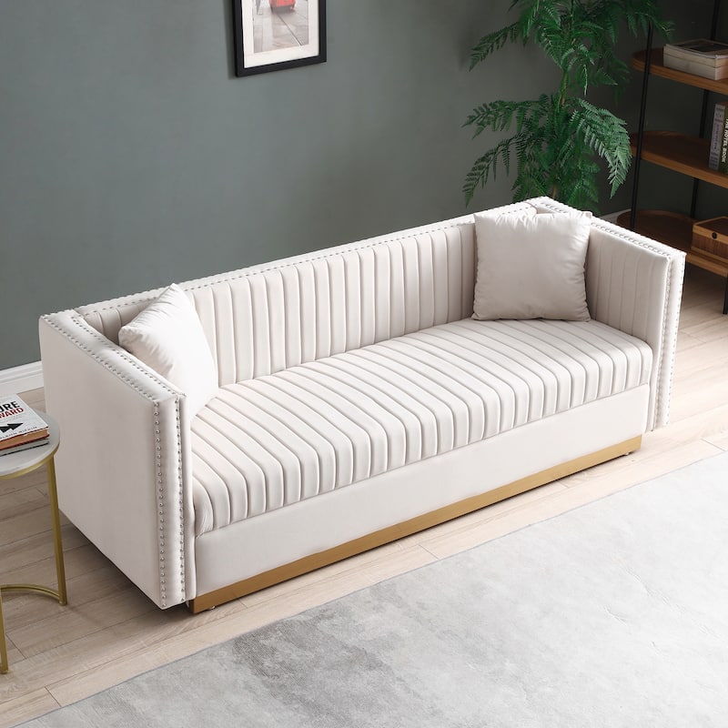 78" Velvet 3-Seater Sofa with Vertical Channel Tufting, Gold Base, Nailhead Trim, and 2 Pillows