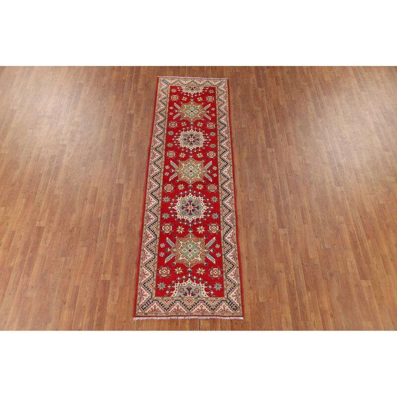 Geometric Kazak Runner Rug Handmade Red Wool Carpet - 2'11" x 9'8"