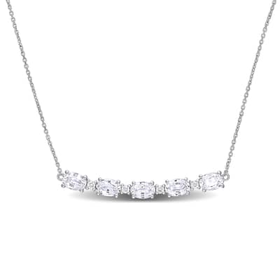 Miadora 14k White Gold Oval-cut White Sapphire and 1/6ct TDW Diamond 5-Stone Bar Necklace - 5.5 mm x 17 inch x 42.8 mm