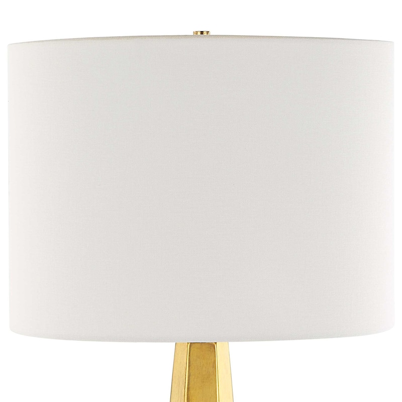 Table Lamp, White Linen Shade, Gold Ceramic Geometric Base, 28 Inch