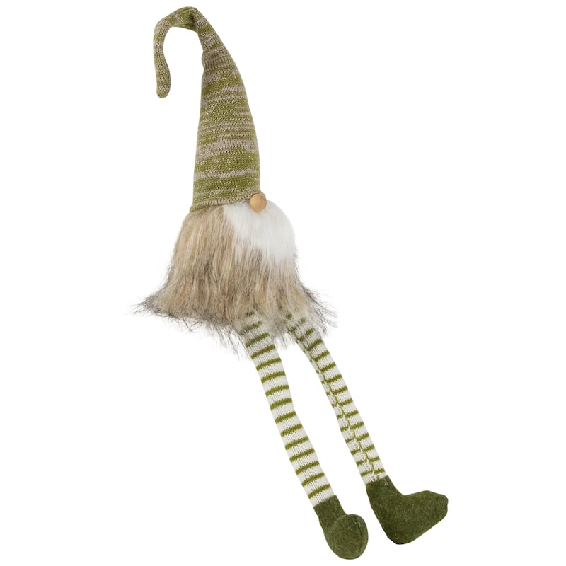 29" Green and Beige Sitting Gnome with Knitted Hat and Dangling Legs Christmas Figure