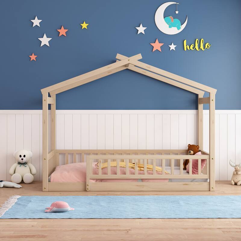 Wood Bed House Bed Frame with Fence for Kids