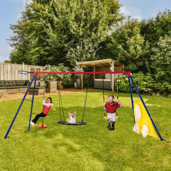 slide 2 of 9, Interesting three swingset with Textilene swing and Tree Swing Disc metal plastic safe swing seat for age 3+ Red