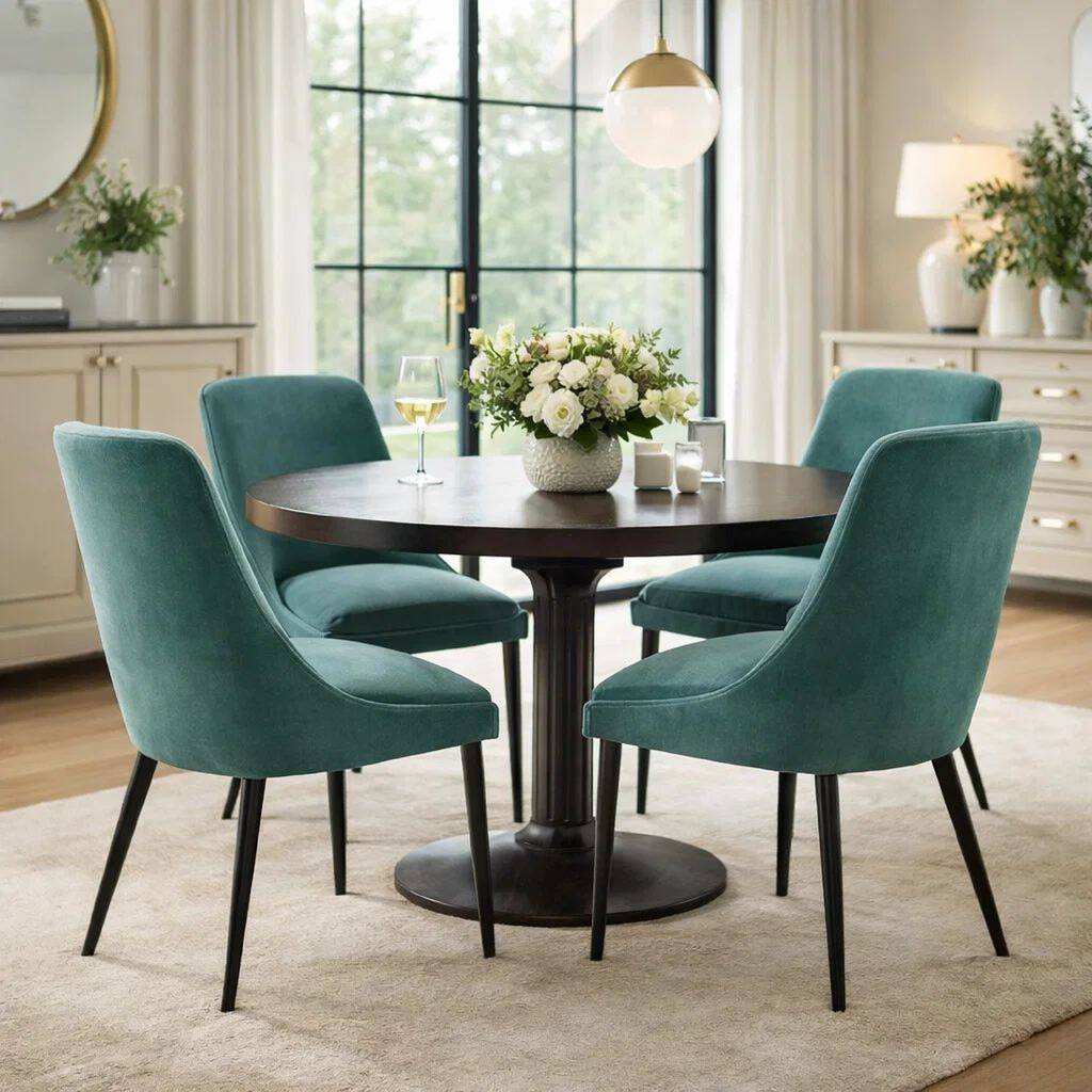 Wils 20 Inch Set of 2 Dining Chairs, Green Velvet, Black Tapered Metal Legs