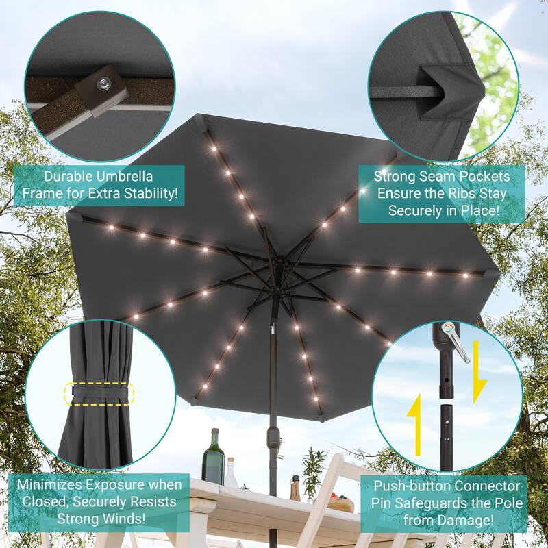 BONOSUKI Patio 10Ft LED Market Umbrellas With Solar Lights, Table Umbrella for Patio and Outdoor With Tilt Button
