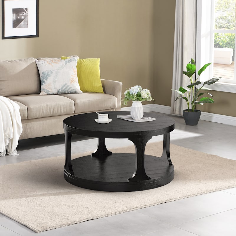36" Modern Antique Black Solid Wood 2-Tier Round Coffee Table