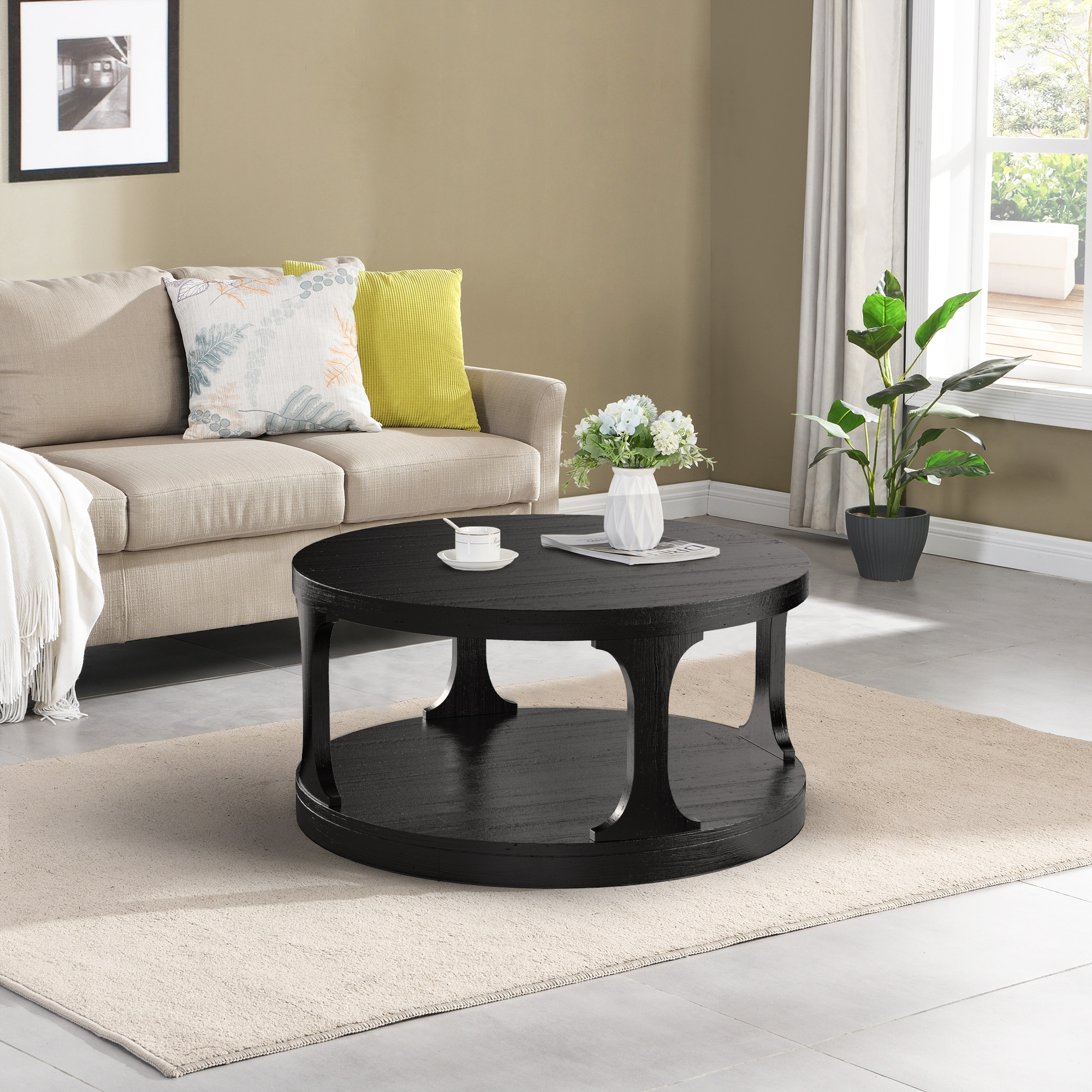 36-inch Antique Black Wood Round Coffee Table