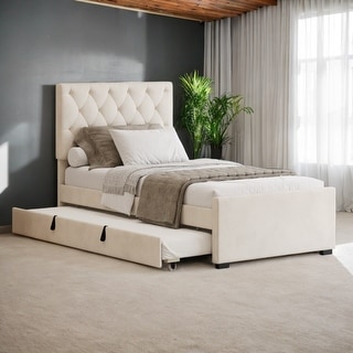 Twin Size Tufted Platform Bed Trundle Bed with Adjustable Velvet Fabric ...