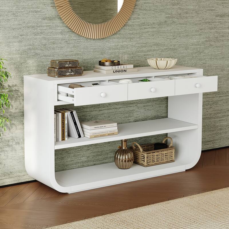 Christopher Knight Home - Modern Entryway Curved Console Table with Soft-Close Drawers & Open Shelves for Living Room, Hallway