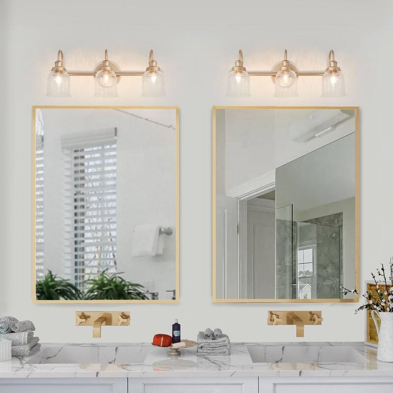 Modern Seeded Glass Bathroom Vanity Light Gold 3-Light Farmhouse Wall Sconces Dimmable - Brass Gold - L 21"xW 9"xH 8"
