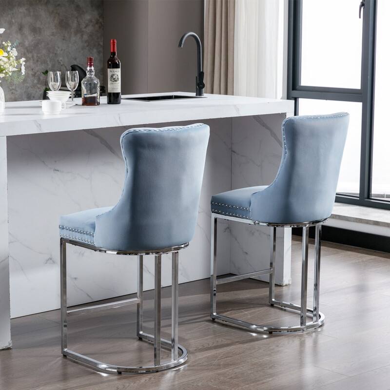 Modern Upholstered Bar Stools with Tufted Backs and Footrest（Set of 2）Blue - Set of 2