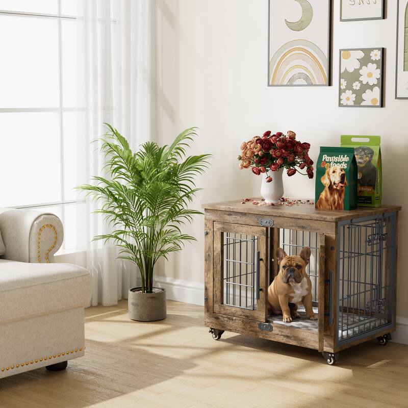 Dog Crate Indoor Heavy Duty Double Doors Wooden Dog Cage with Cushion