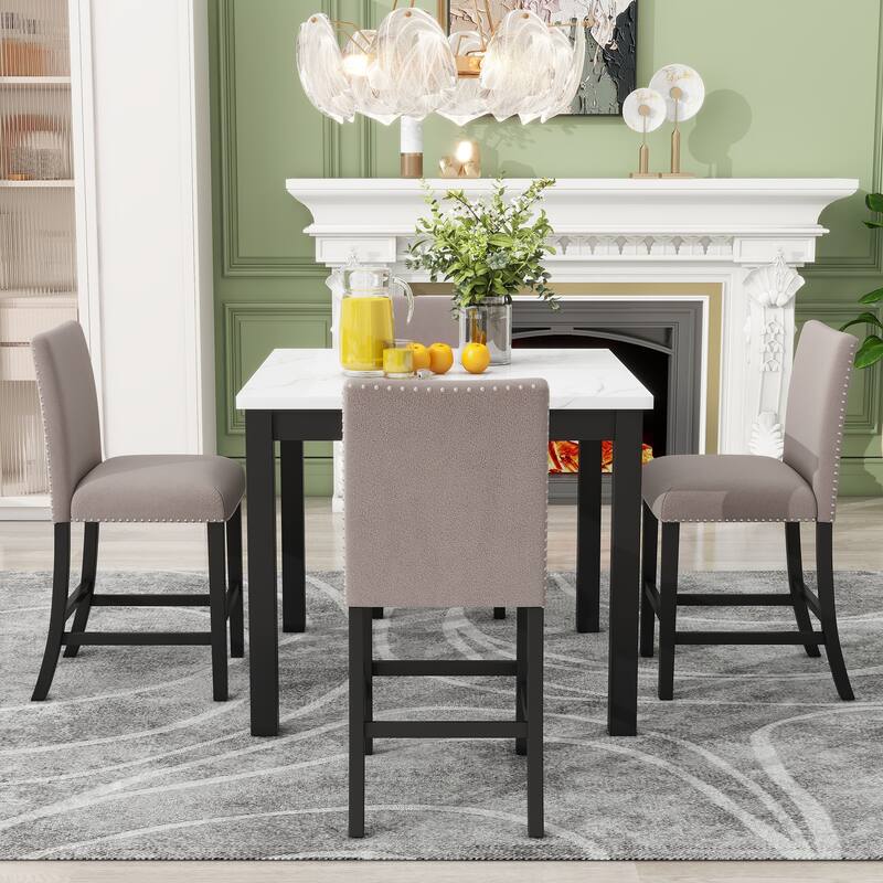Elegant 5-Piece Faux Marble Dining Set with Velvet Cushioned Chairs, Counter Height Table for Modern Dining Spaces
