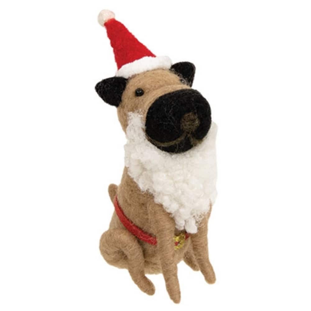 Felt Dog Christmas Ornament with Santa Beard and Hat 4.5 Inch Holiday Tree Decor Brown Dog with Festive Harness