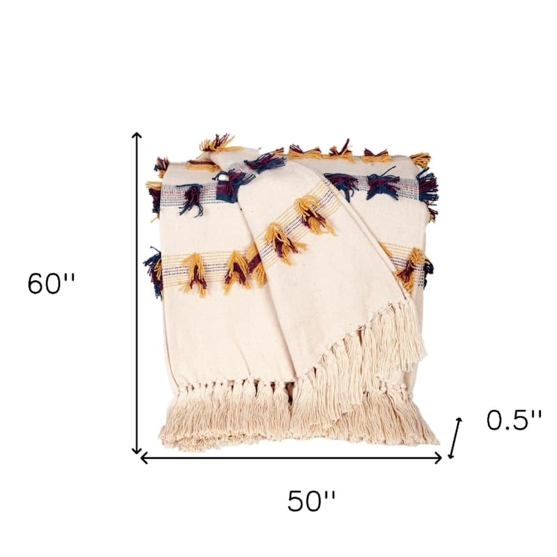 HomeRoots 50" X 60" Ivory Blue and Yellow Woven Cotton Striped Throw Blanket with Tassels and Fringe