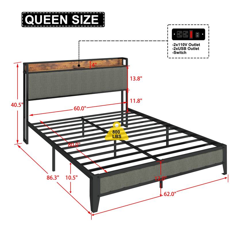 Upholstered Platform Bed Frame with Power Outlet & USB Ports & Shelf