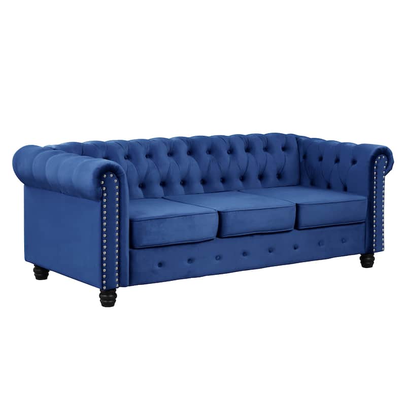Morden Fort Velvet Upholstered Chesterfield Sofa with Nailhead and Solid Legs for Living Room