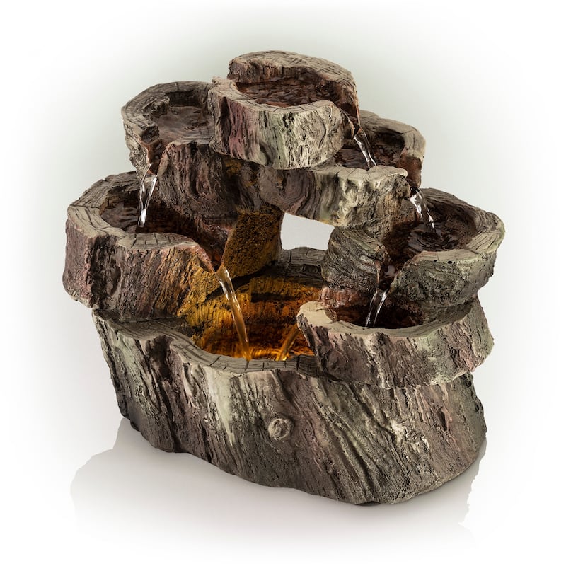 Alpine Corporation 10" Tall Indoor Tabletop Circular Tiered Tree Trunk Waterfall Fountain with LED Lights
