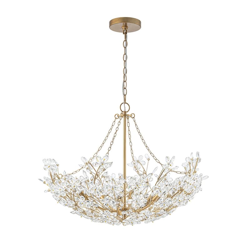 French Luxury Antique Brass Bloom Crystal Flower Chandelier - 28in