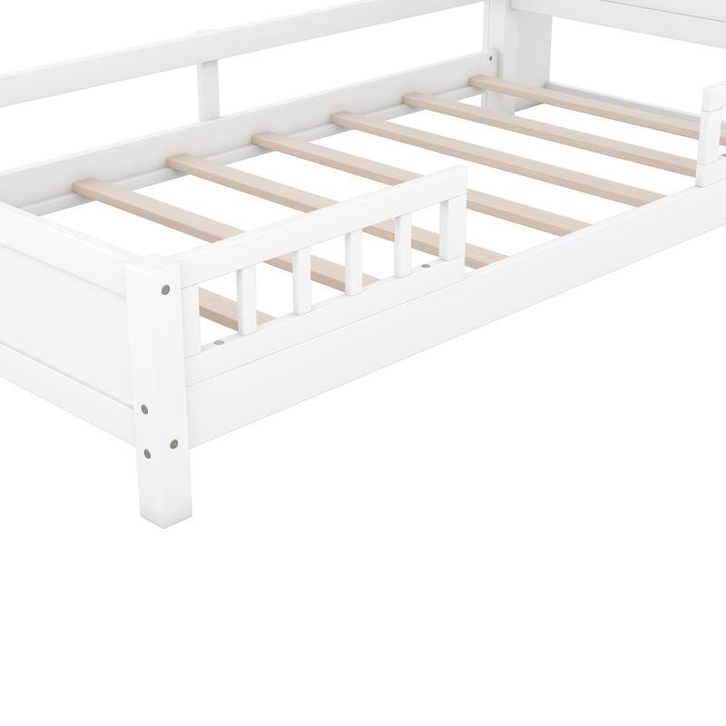 Twin Size Platform Bed with LED Light, Storage Headboard, and Guardrail in White