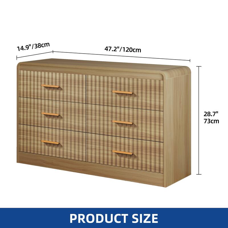Moasis Fluted Dresser with 6 Drawers, 47" Wide Chest of Drawers with Metal Handle for Bedroom Storage Organizer