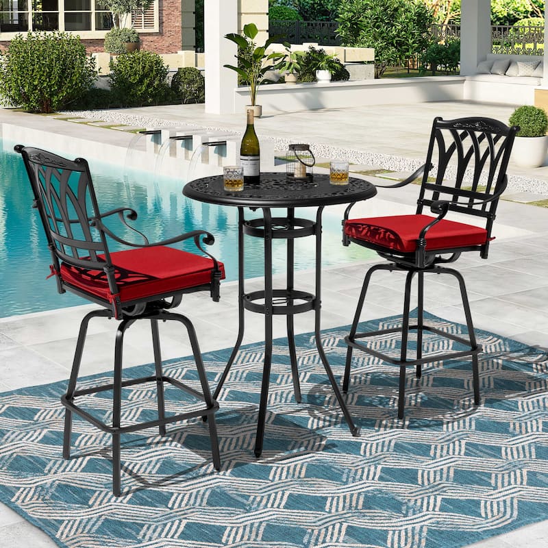 3PCS Cast Aluminum Outdoor Swivel Bar Set with Umbrella Hole, Olefin Cushions, Black and Red