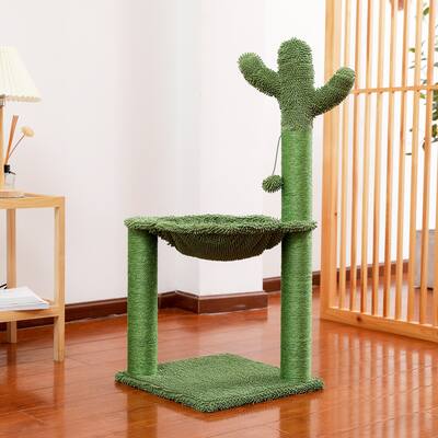 Cactus Cat Tree Cat Scratching Post with Hammock Play Tower - Green - 15.8*15.8*36.9INCH