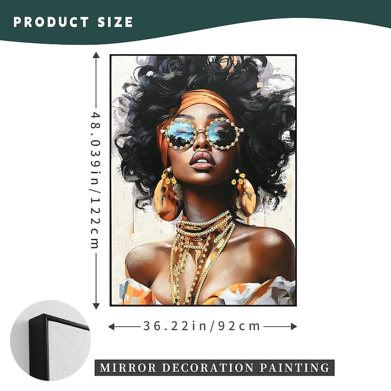 Woman Canvas Wall Art Black Girl With Curly Hair Sunglasses Orange Headwrap Earrings And Necklaces Afrocentric Decor