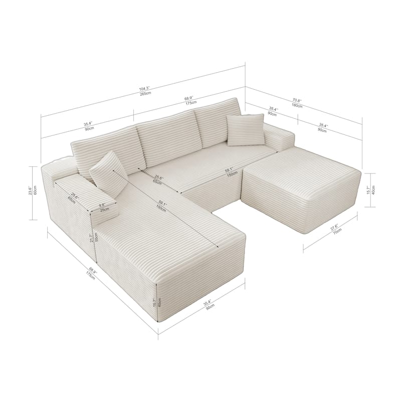 Roomfitters 104.3" Modular Sectional Sofa, 3-Piece Compressed Cloud Couch, No Assembly Required, Plush Corduroy, White