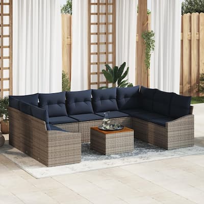 vidaXL 10 Garden Sofa Set with Cushions Black/Grey Poly Rattan - 113.8 x 70.3 x 27.2