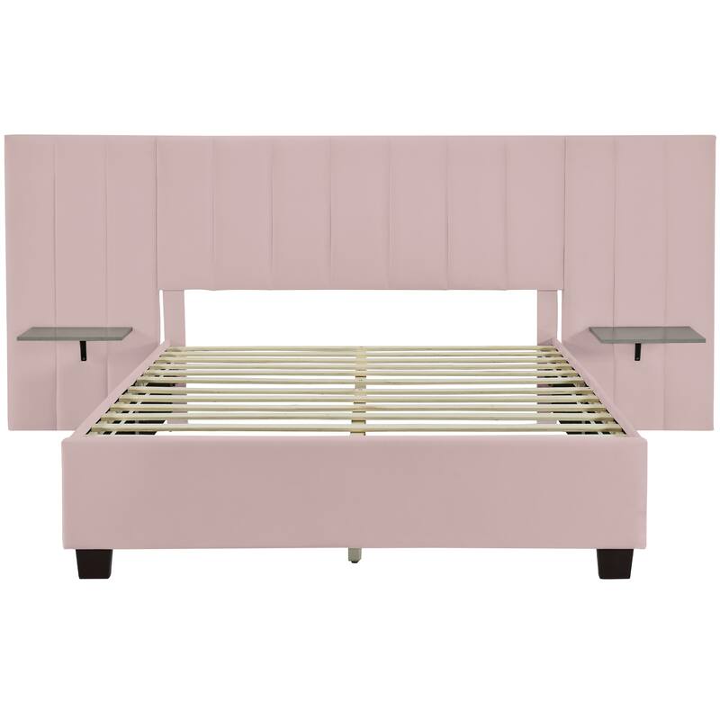 Platform Bed with Oversized Headboard, 2 Shelves, Velvet