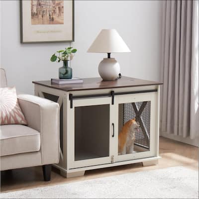 Farmhouse Dog Cage Crate Dog Kennel with Flip-up Top Opening and Sliding Door End Table for Living Room