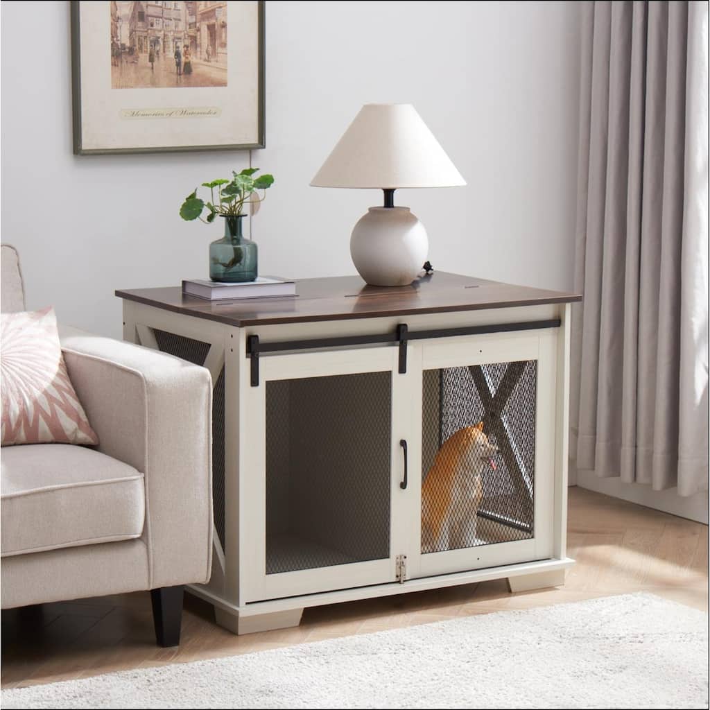 Farmhouse Dog Cage Crate Dog Kennel with Flip-up Top Opening and Sliding Door End Table for Living Room