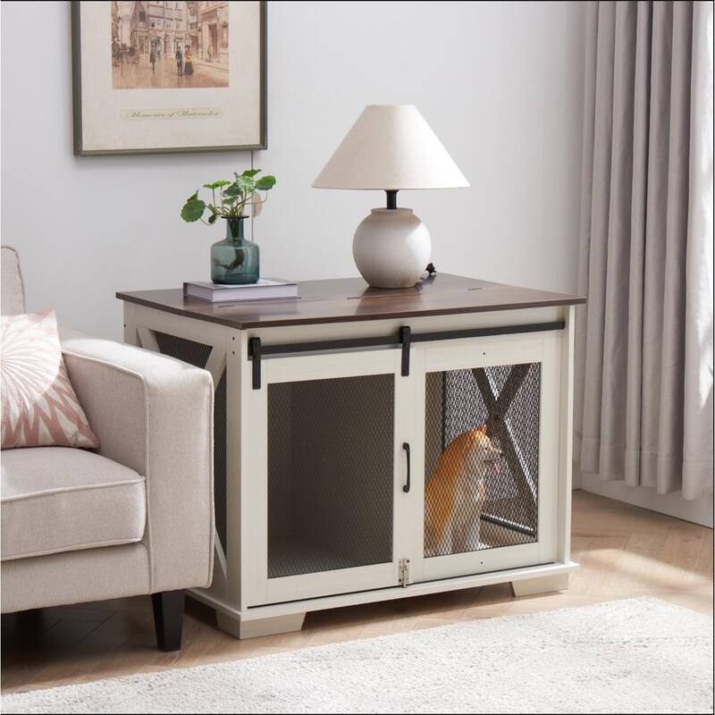 Flip-Top Plate Dog House Dog Cage Crate Furniture with Sliding Barn Door, Dog Kennel End Table with Detachable Divider - White