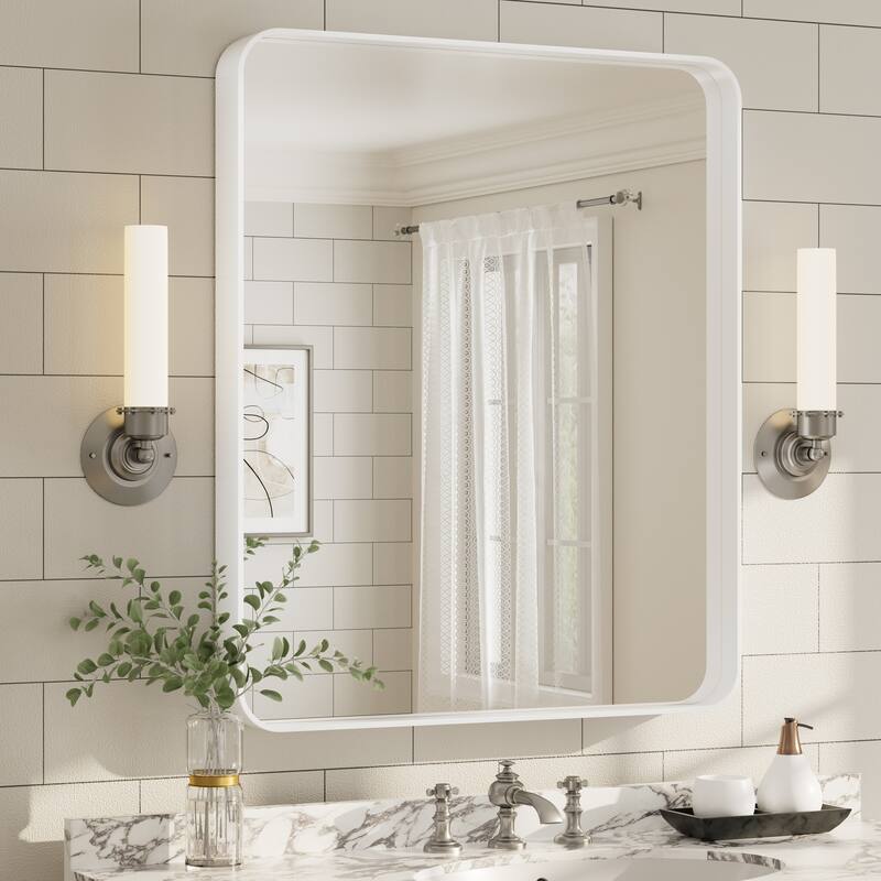 Aluminum Alloy Framed French Cleat Mounted Tempered Glass Wall Vanity Mirror - 36" x 30" - White