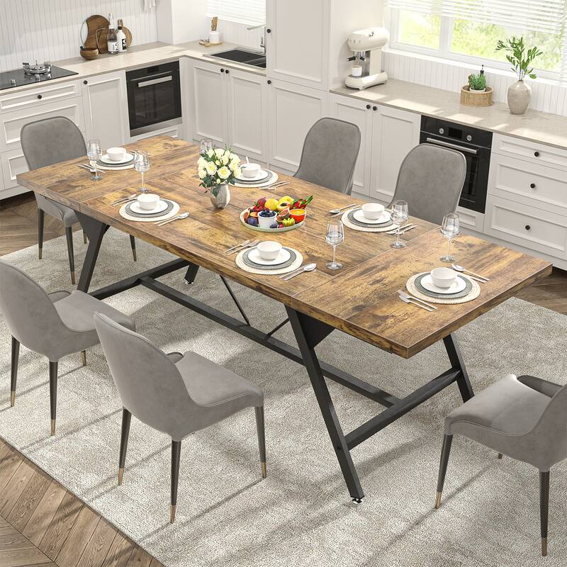 Farmhouse Dining Table for 8 People, 70.8-Inch Rectangular Wood Kitchen Table - Rustic Brown