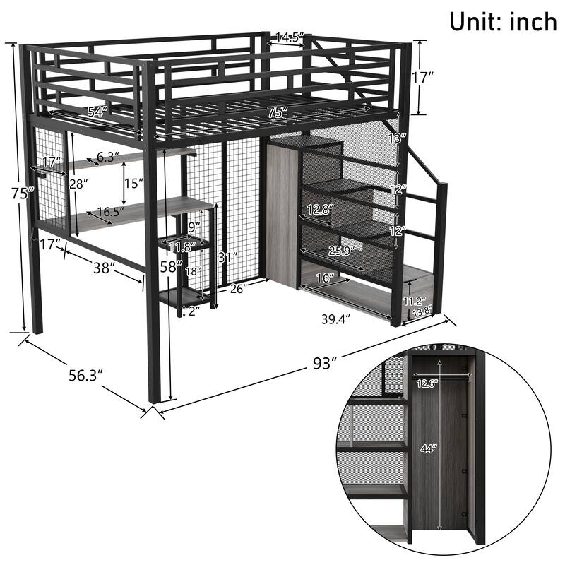 Full Metal Loft with Desk, Built-In Closet, and Multi-Level Storage Shelving