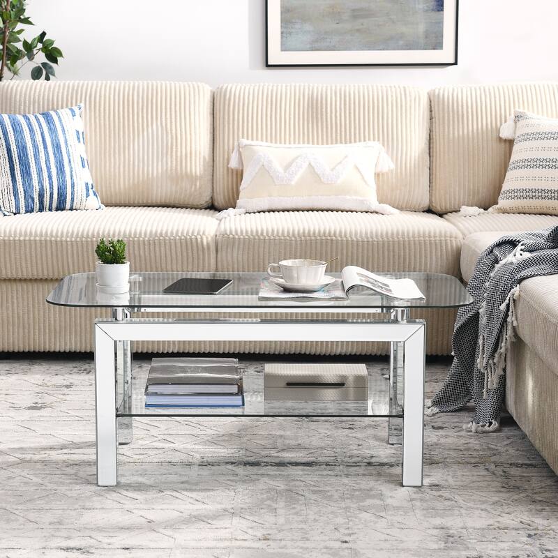 Rectangle Tempered Glass Coffee Table, Tea Table for Waiting Room, Modern Side Coffee Table with Mirrored Stainless Leg