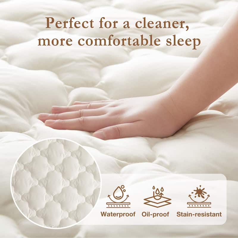 Organic Cotton Waterproof Quilted Mattress Pad, Fitted Stretchy Side Skirt Fits up to 18" - Off-white/White