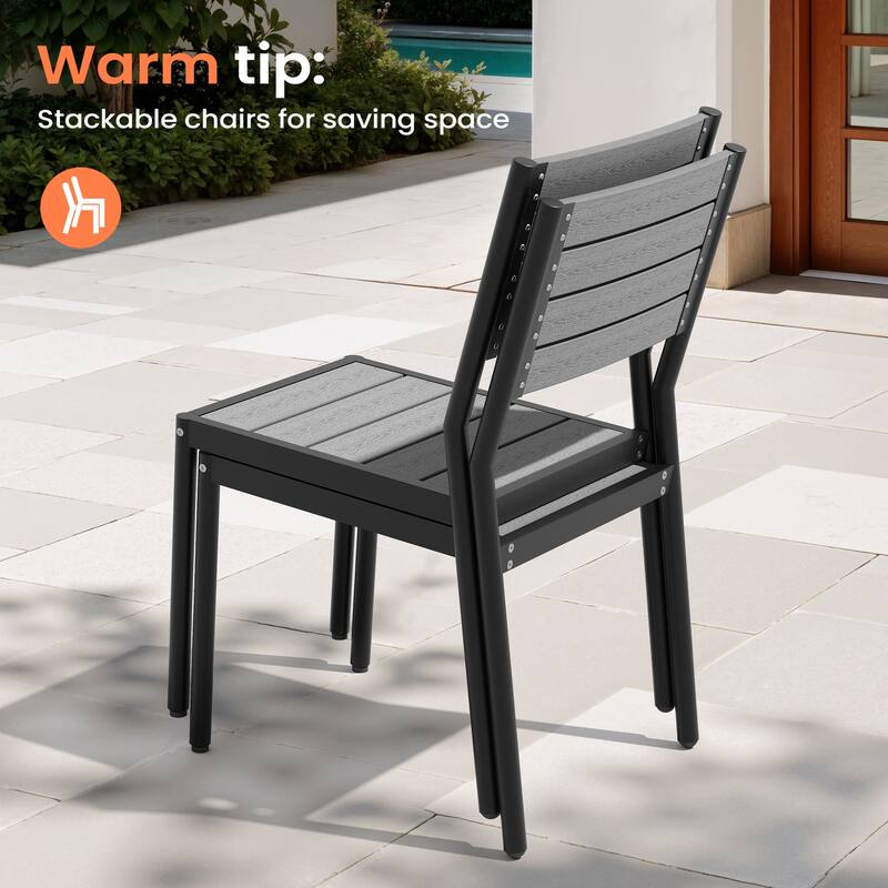 Set of 11 Outdoor Patio Dining Set WoodLike Table Top Aluminum Rectangular Umbrella Hole Table with Stackable Chairs Set