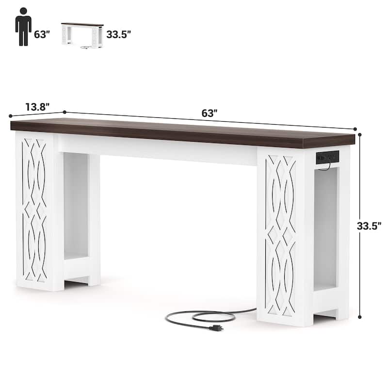 63" Farmhouse Console Table with RGB LED Lights ＆ Power Outlets, Unique Carved Design Entryway Table, Wooden Sofa Table