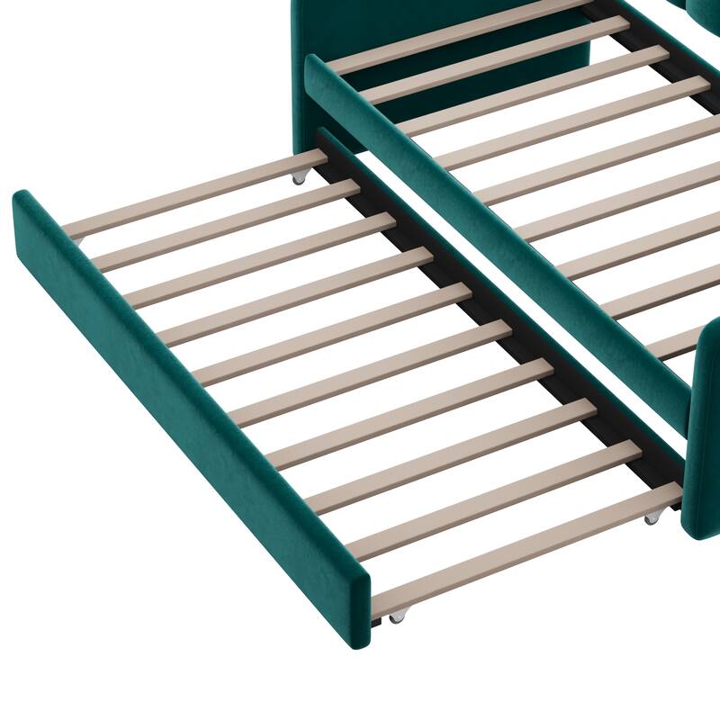 Twin Size Velvet Upholstered Daybed Vertical Stripes Backrest Sofa Bed with Trundle Bed, 2 USB Charging Ports, 2 Large Pockets
