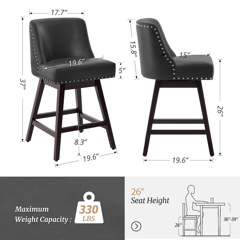 26 in. Counter Height Upholstered Wood Frame Swivel Bar Stool with Farbic Seat Set of 4 - 19.6"D x 19.6"W x 37"H