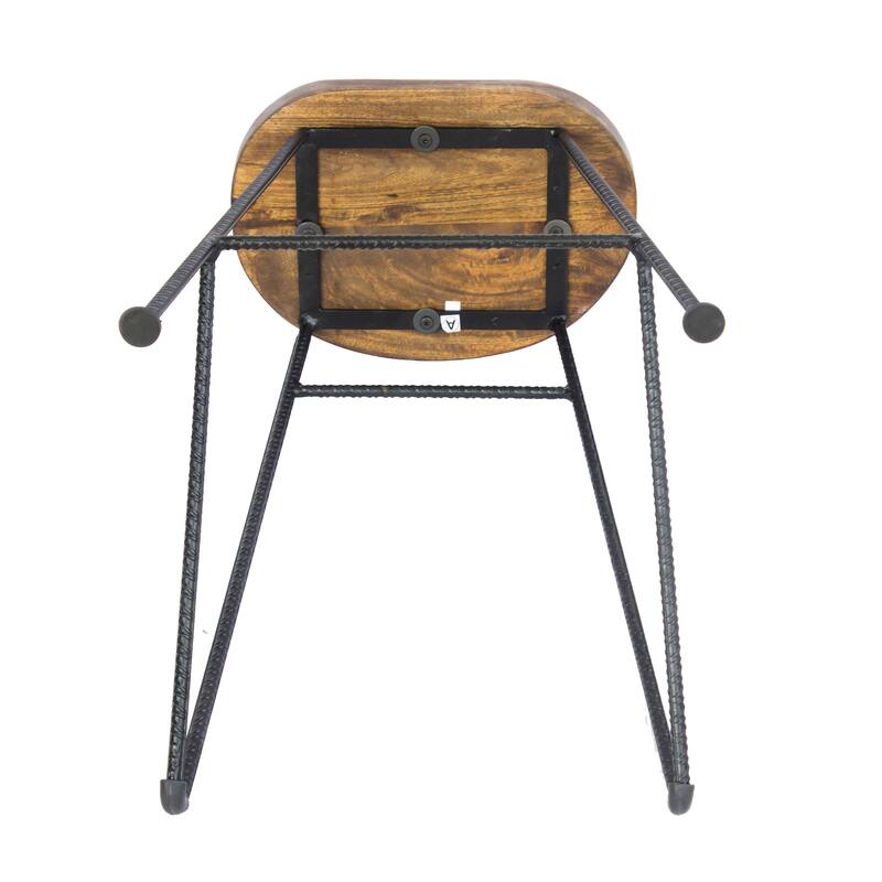 Jael 28 Inch Bar Stool with Mango Wood Saddle Seat, Iron Rod Legs, Brown and Black