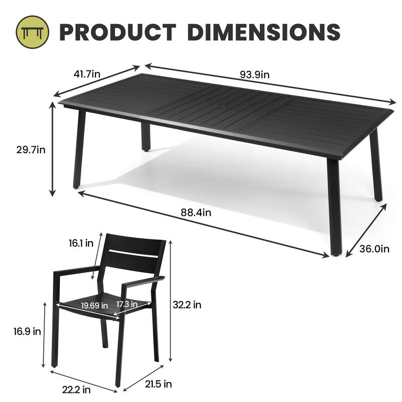 7/9/11 Piece Set Outdoor Aluminum Dining Table with Umbrella Hole for 6-10 Person and Stackable Dining Chairs
