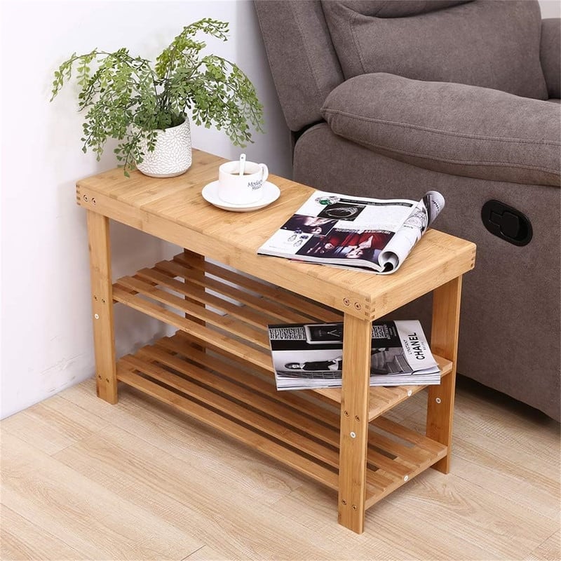 Bamboo Shoe Rack Bench 3 Tier Entryway Seat Shoe - 10.9"D x 27.6"W x 17.8"H